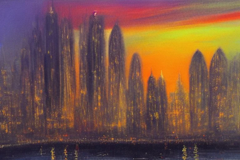 Futuristic city, people, sunset, philip wilson steer influence, realistic painting