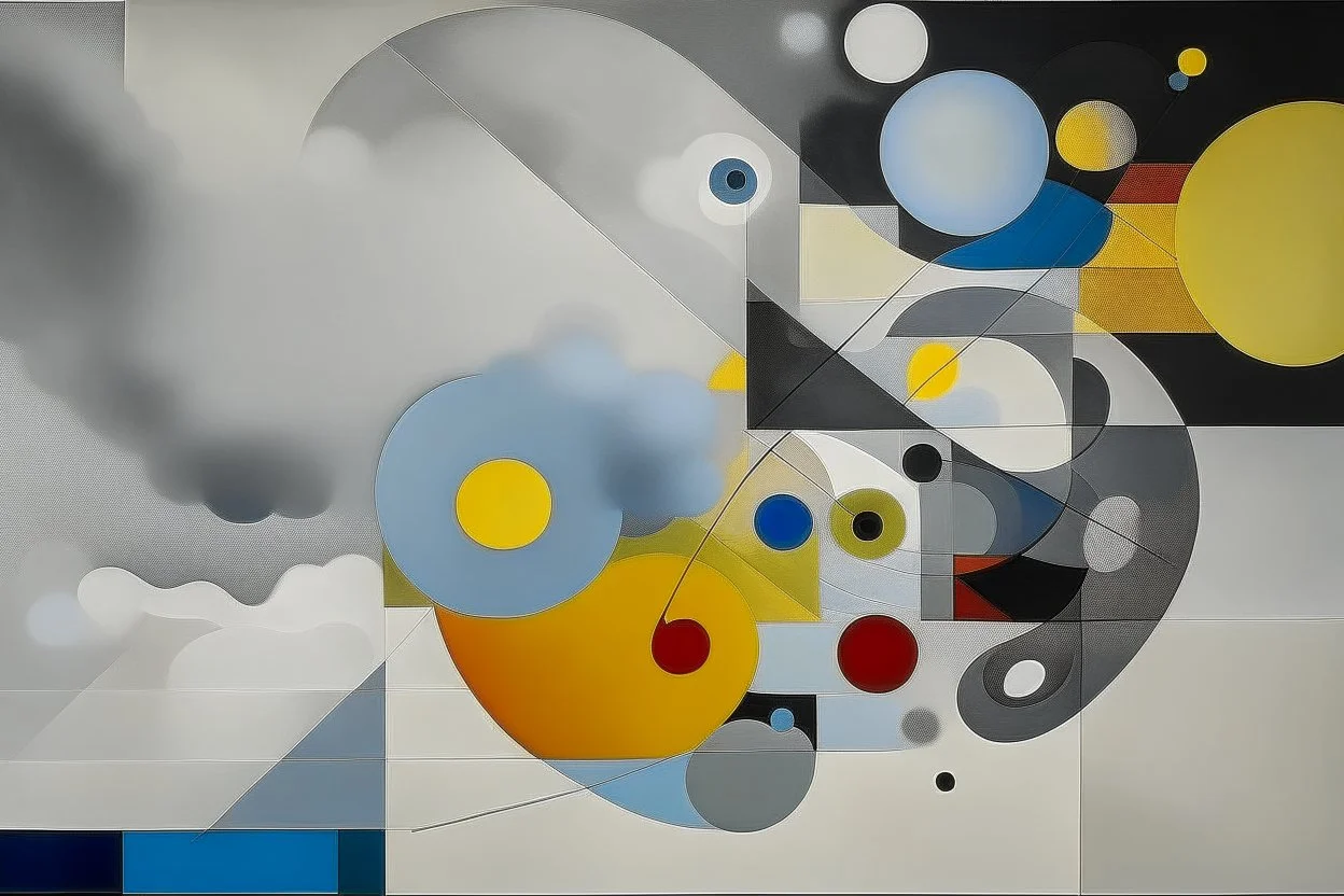 A light gray sky with geometric clouds painted by Wassily Kandinsky