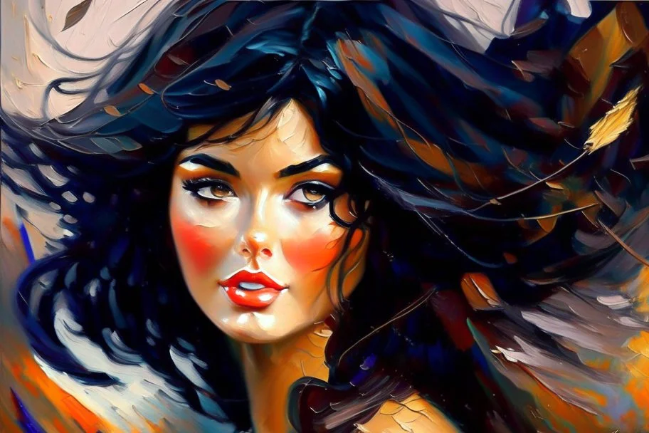 an irresistibly adorable image of a whimsical brunette woman creature with black hair and hazel eyes. Envision a charming being with fluffy, onyx-colored fur or hair that frames its endearing face. in the blowing wind Leonid Afremov