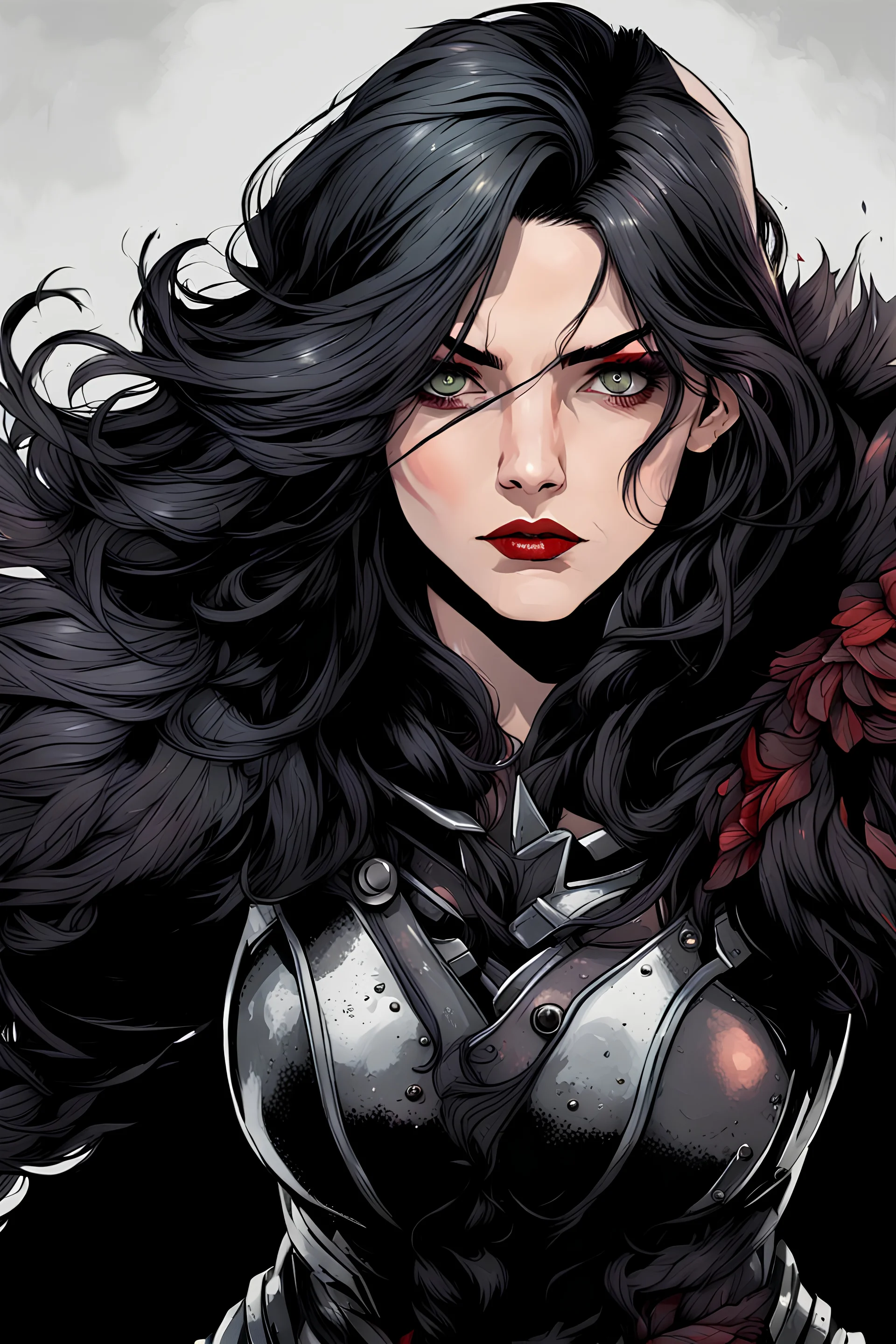 strong female warrior. twenty-five years old. red iris. iron dark gray hair. stoic look