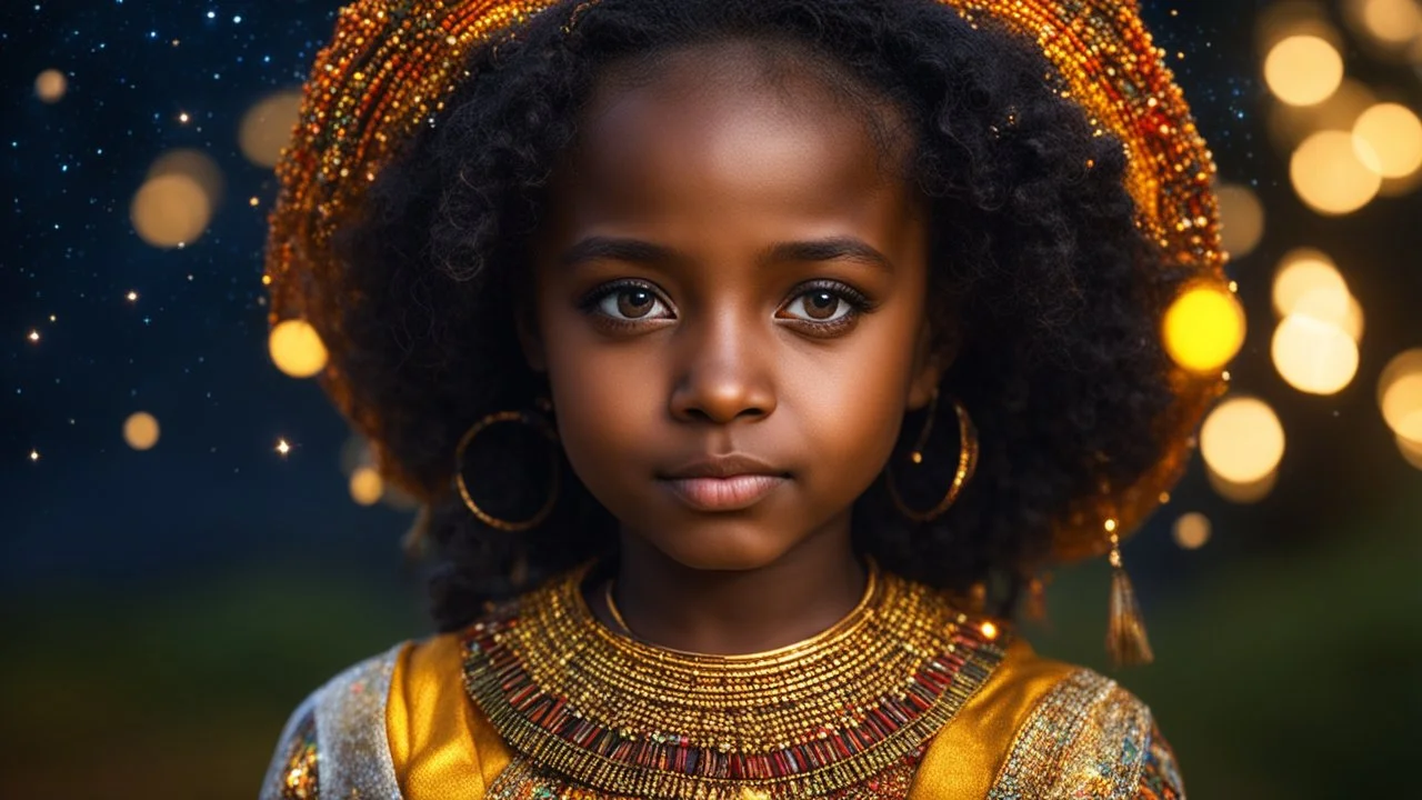 little very young Ethiopian girl, beautiful, peaceful, gentle, confident, calm, wise, happy, facing camera, head and shoulders, traditional Ethiopian costume, perfect eyes, exquisite composition, night scene, fireflies, stars, beautiful intricate insanely detailed octane render, 8k artistic photography, photorealistic concept art, soft natural volumetric cinematic perfect light, chiaroscuro, award-winning photograph, masterpiece, Raphael, Caravaggio, Bouguereau, Alma-Tadema