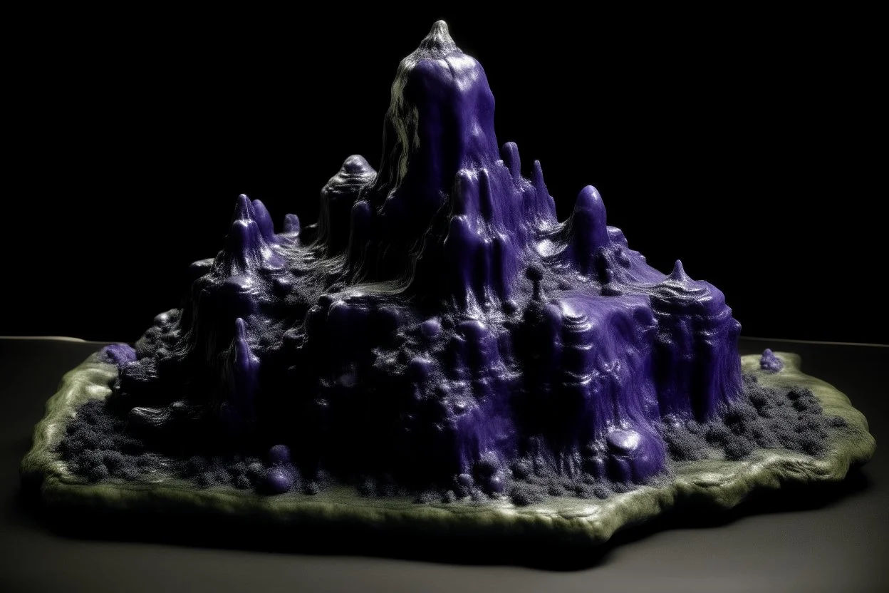 Dark purple hilly plateaus designed in Mayan architecture painted by Auguste Rodin