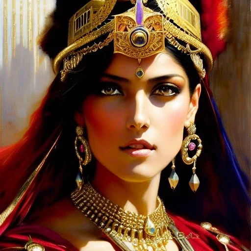 portrait beautiful face queen of Sheba ,busty,medieval metal armor balanciaga fashion clothe painting by gaston bussiere, greg rutkowski, yoji shinkawa, yoshitaka amano, tsutomu nihei, donato giancola, tim hildebrandt, oil on canvas, cinematic composition, extreme detail,fit full head inside picture