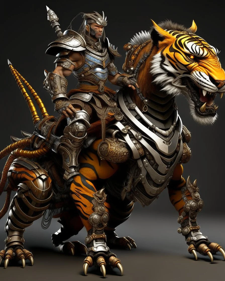 A combination of a dragon and a tiger and a commander riding on it Warrior warrior with leather and metal clothes and robotic metal