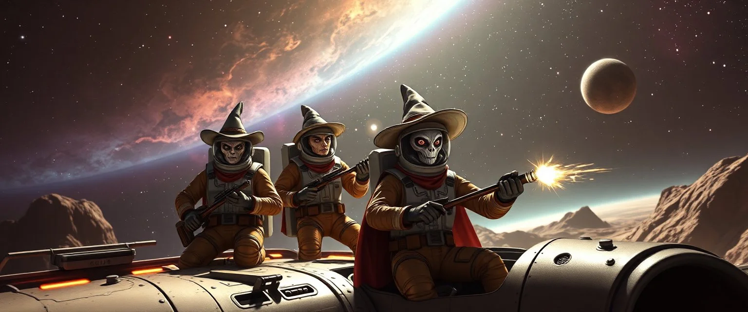 cowboy astronauts in a spaceship , space alien Abjurer Wizard