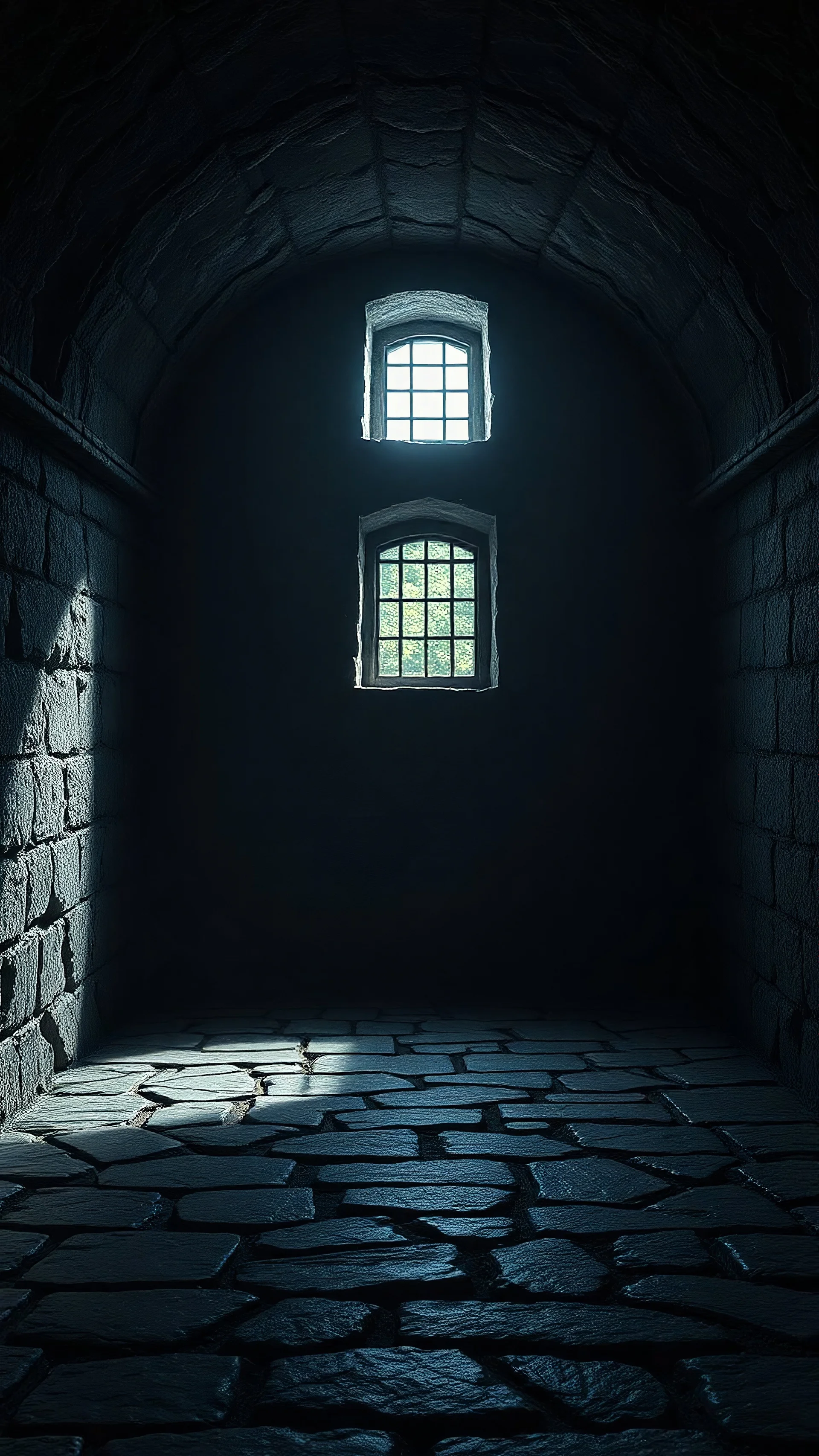 Inside of a dark dungeon with grey stone floor the only light comes from a small barred window high on the wall. Dark fantasy. photorealistic. 4k