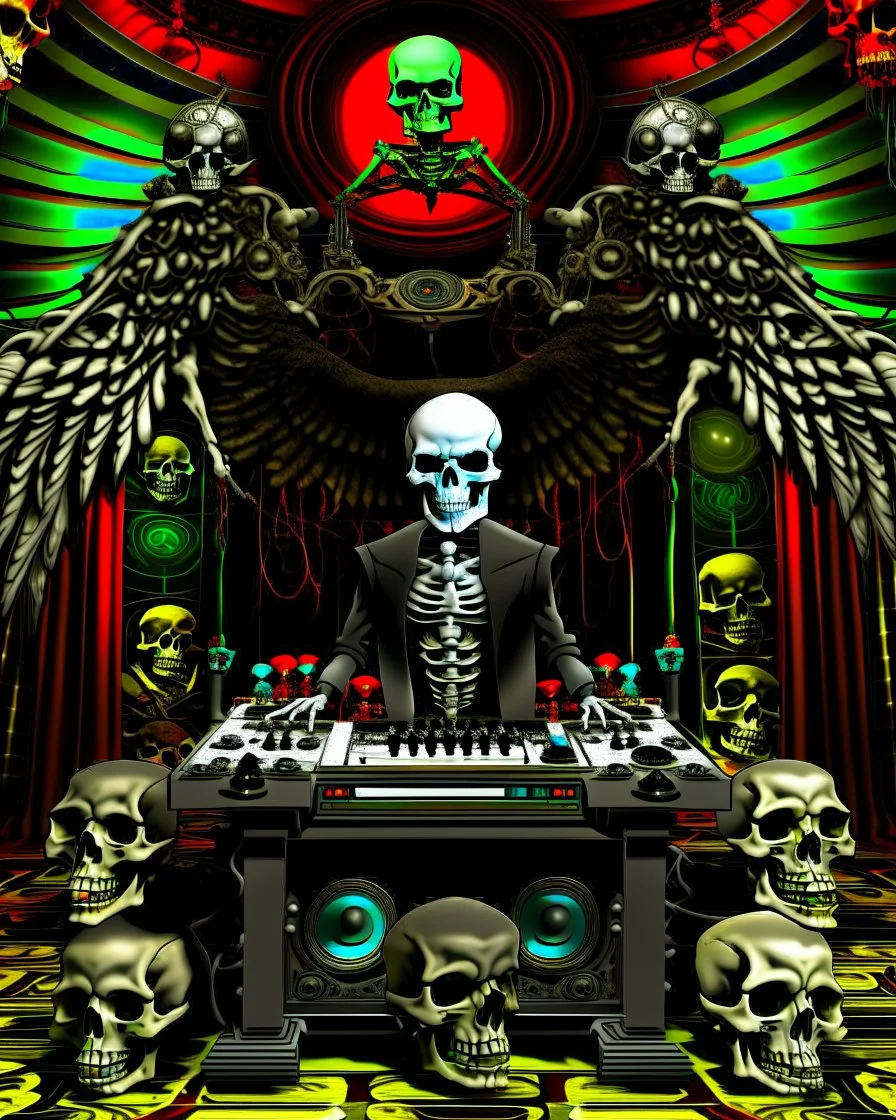 DJ of the damnded, insanely detailed DJ booth in hell, MID set, speakers and equipment made of bone, anatomically correct,