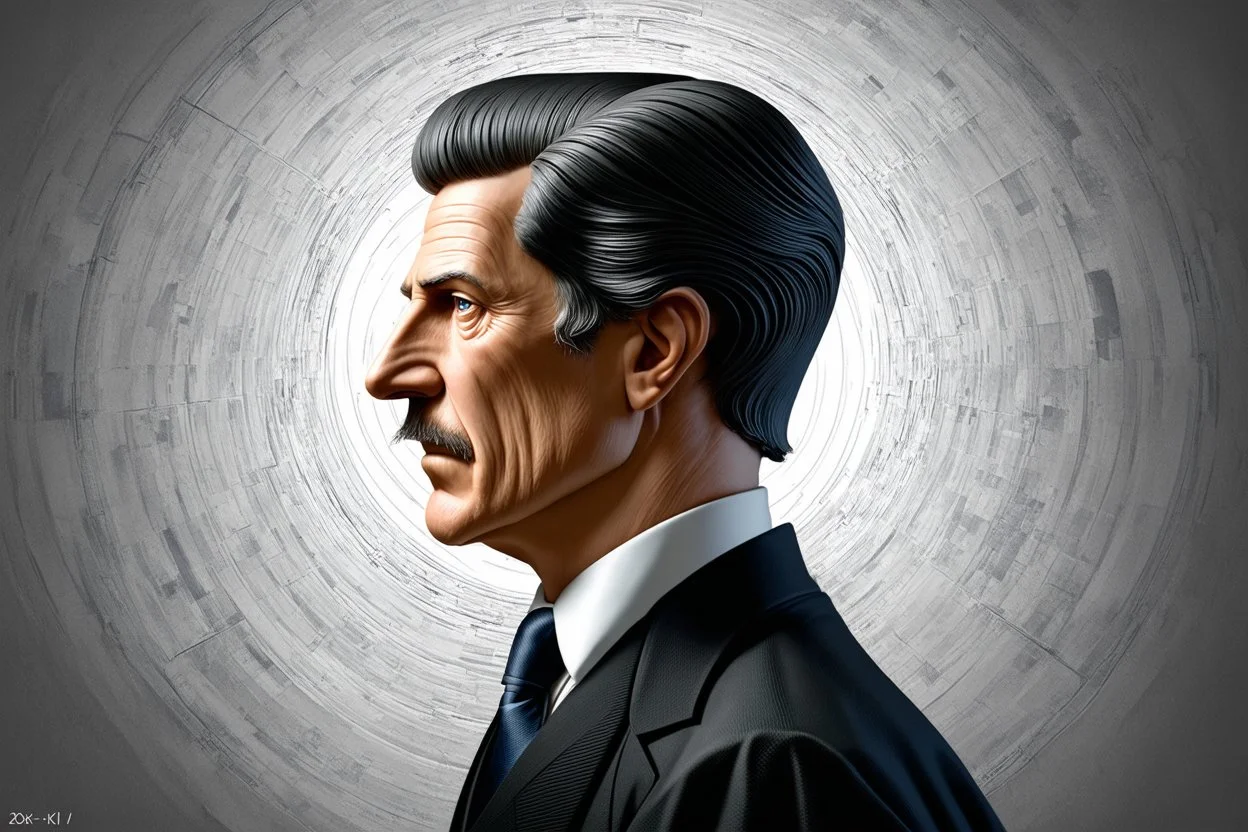 Nikola Tesla lifelike in the style of 3-d side view perpective