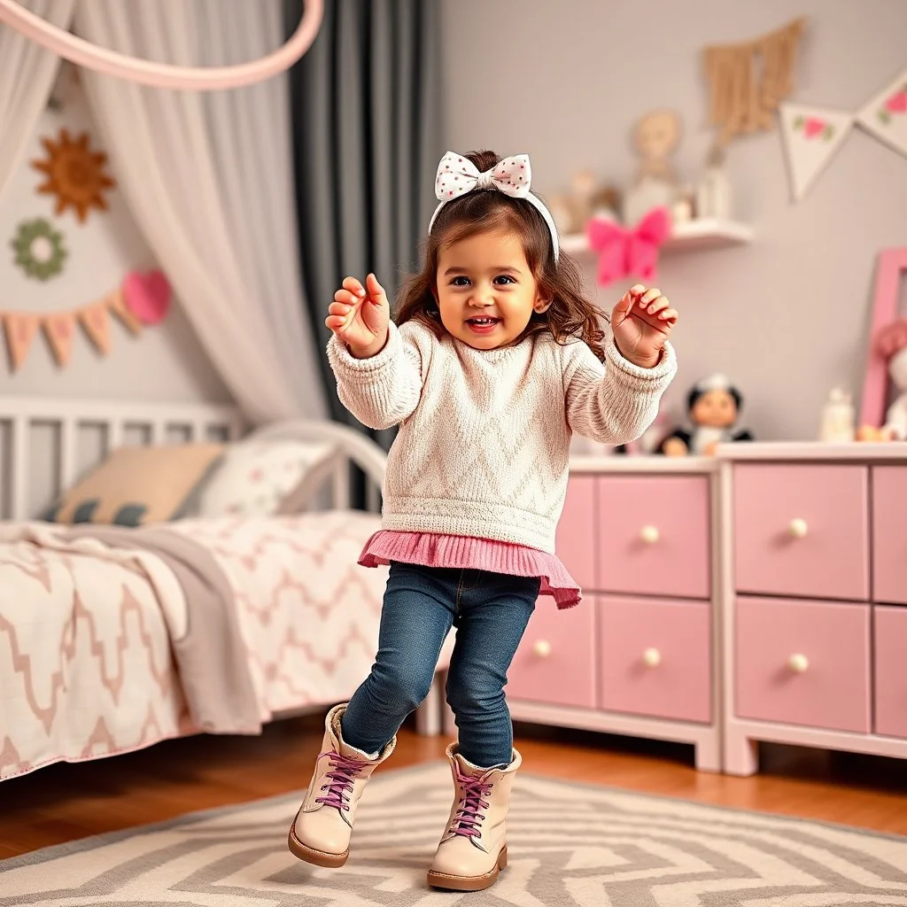 a 2 years old azeri girl in modern clothing and makeup dancing with cute and joy with pertty boots in a baby bedroom