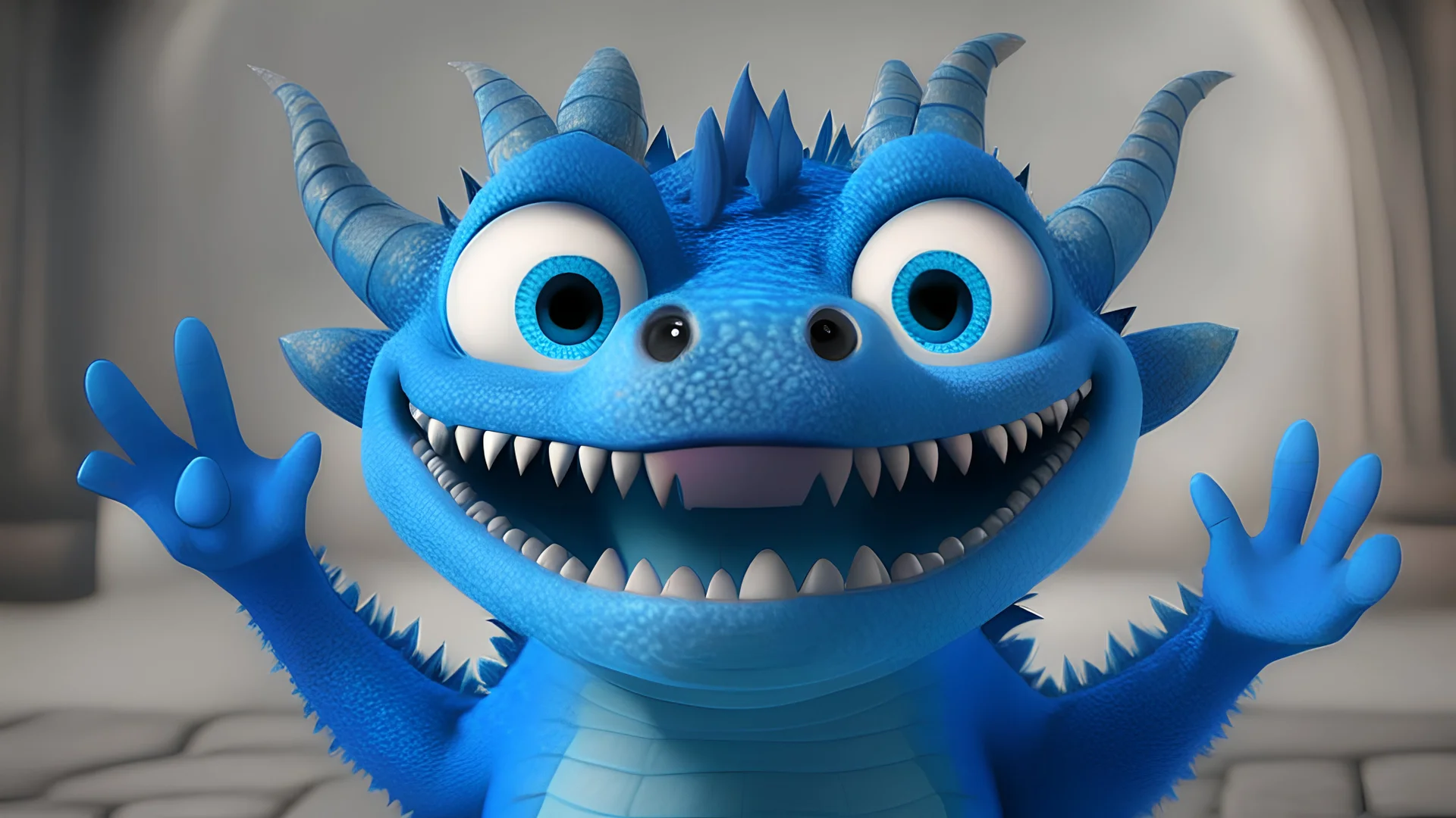 pixar style, blue cartoon dragon with adorable eyes, friendly, waving to the camera, cinematic lighting