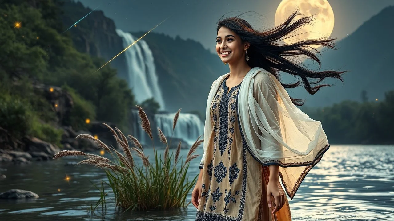 Hyper Realistic Photographic View Of A Beautiful Young Pashto Woman With Beautiful Long Black Hair Whirling, Wearing Beautiful Beige Dress With Navy-Blue Embroidery And White Dupatta Happily Standing On River Water, In A Jungle Riverside With Beautiful Waterfall From Mountain With Full Moon Night With Long Grass Whirling From Cold Breeze And A Shooting Star Along With Fireflies Around Her Showing Dramatic And Cinematic Ambiance.