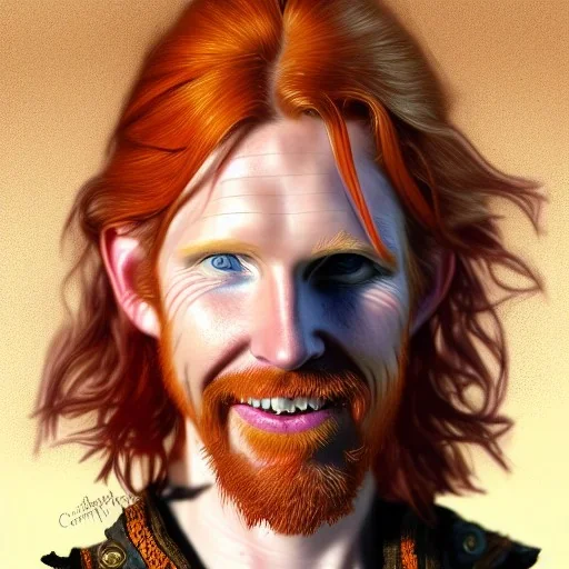 Portrait of Courtney Gains as a ruggedly handsome but joyful roguish pirate, charismatic, attractive male, masculine, perfect, precisely detailed, lightly freckled face, meticulously detailed multi-hued ginger carrot colored cherry fire red hair; Malachai of the corn; fantasy, intricate, elegant, highly detailed, digital painting, artstation, concept art, matte, sharp focus, illustration, art by artgerm and greg rutkowski and alphonse mucha