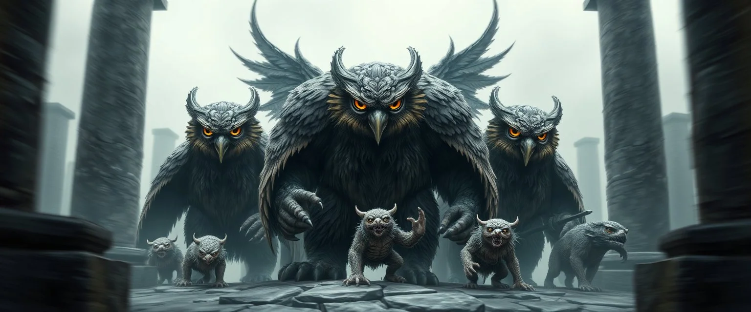 bad ass Owlbears overlord with some kobolds, hyperrealism, motion blur background with black stone pillars as frame