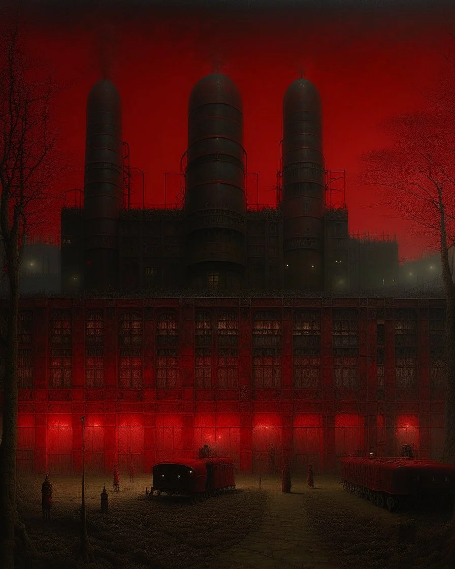 A dark red facility with missiles painted by John Atkinson Grimshaw