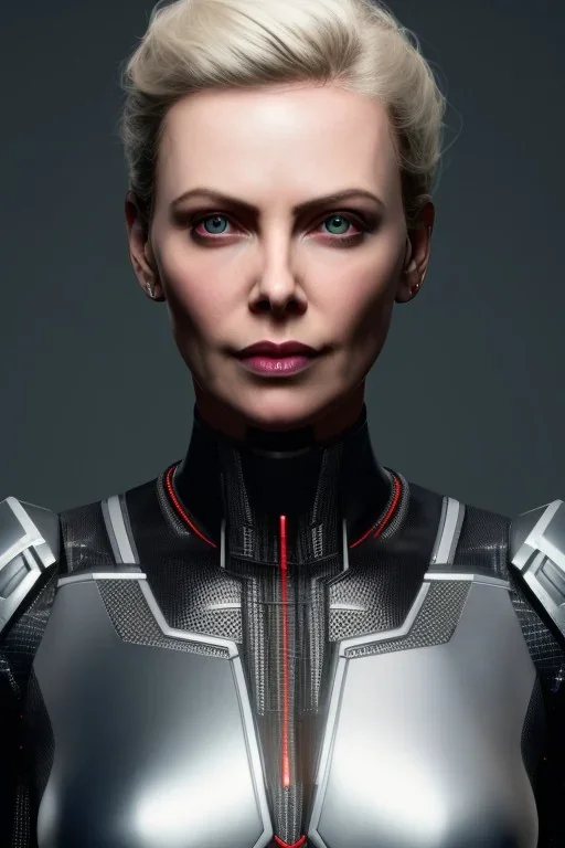 portrait full body, robot scifi with face charlize theron, cyberpunk, intricate, many lights in body, eyes lights, highly detailed, highli quality, 8k, volumetric lighting