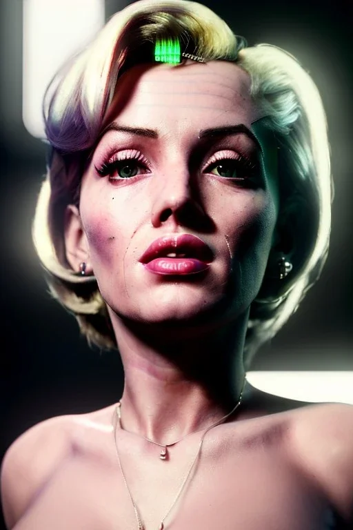 Ultra Realistic image, portrait, blonde woman, sweet Marylin Monroe face, perfect iris, glow eyes. Cyberpunk style. soft color, highly detailed, unreal engine 5, ray tracing, RTX, lumen lighting, ultra detail, volumetric lighting, 3d, finely drawn, high definition, high resolution.