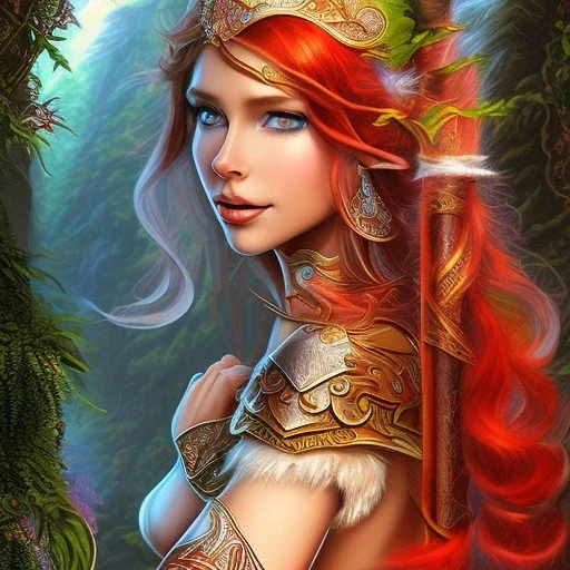 movie poster, A beautiful elf with cutter, pool and letah from elfquest(by Wendy & Richard Pin) with very long hair, in red mountains