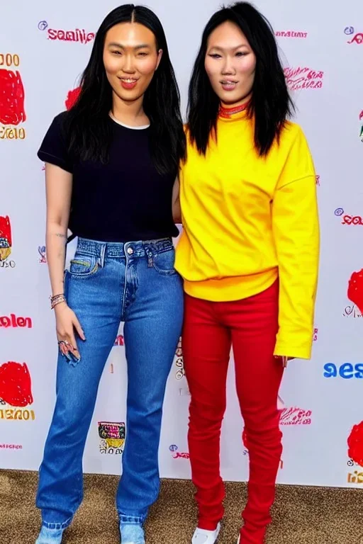 baggy jeans. Fashion colors 2023. Scarlett Johansson and Asa Akira, shimmer. Blocks of fashion colors in the background of the image. Cool fashion outfit for the year 2023