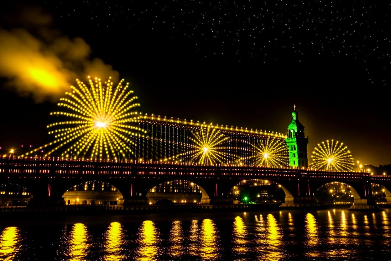 Chain Bridge Budapest, Danube, fireworks in the sky, smoke, dust, reflection at night in starshine