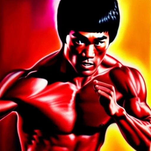 Ultra detailed fullbody Portrait in oil on canvas of Bruce Lee merges RedHulk,extremely detailed digital painting,extremely detailed face,crystal clear Big eyes, mystical colors ,perfectly centered image, perfect composition, rim light, beautiful lighting,masterpiece,8k, stunning scene, raytracing, anatomically correct, in the style of Wizyakuza and robert e howard and InHyuk Lee and Ohrai Noriyoshi and Simon Bisley.