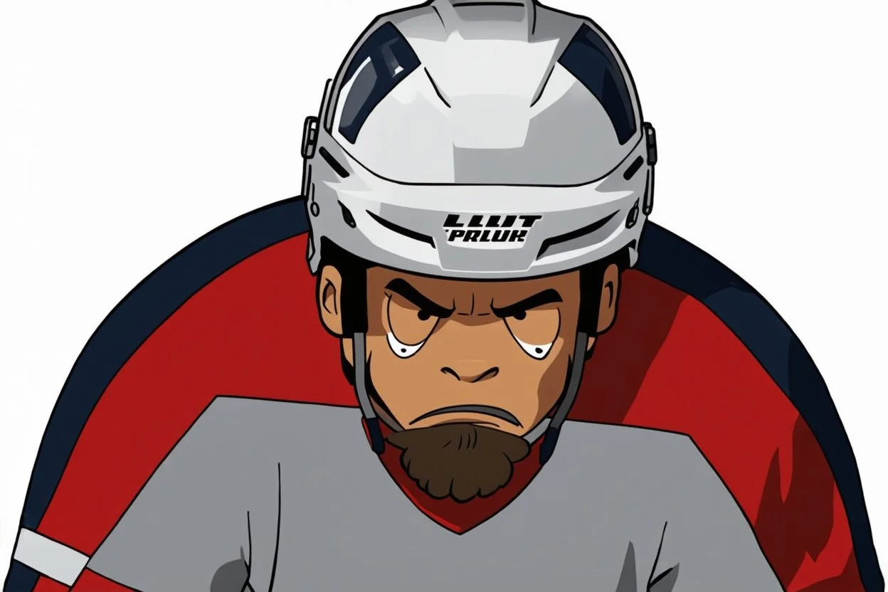 calvin angry pouting with head down wearing a hockey helmet, line art cartoon