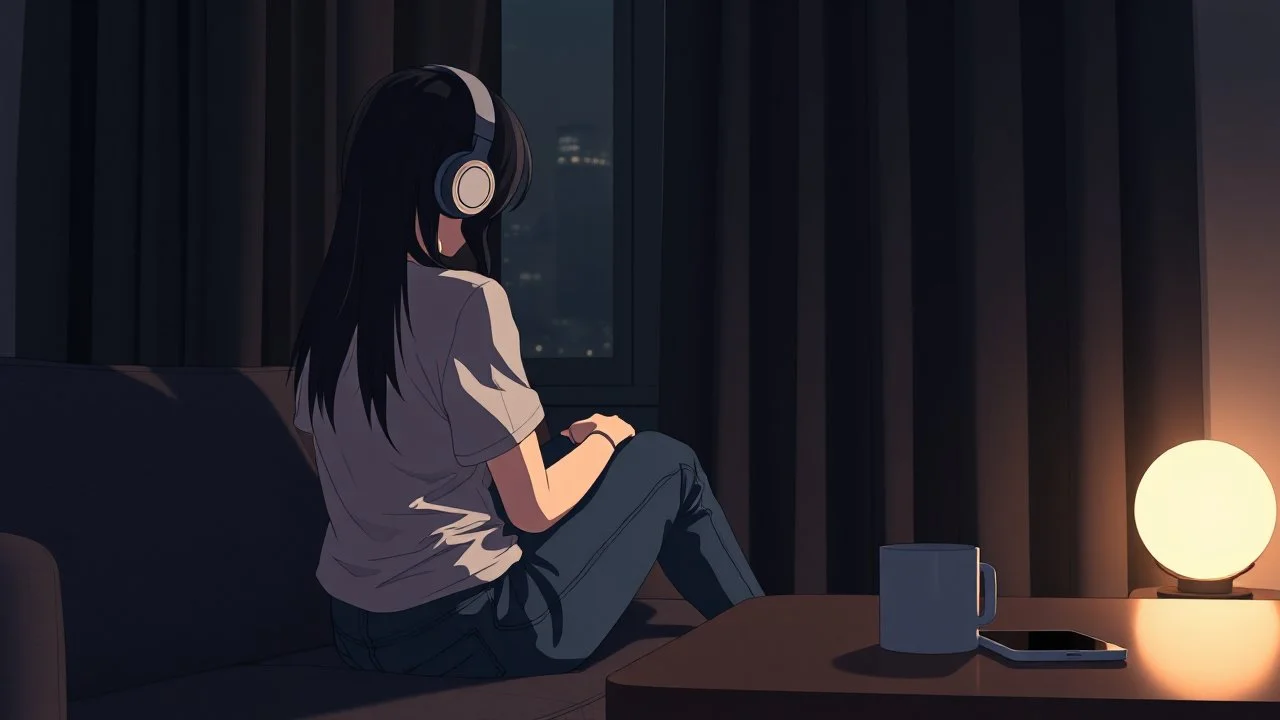 dark 3d anime style, close up in the foreground back to the camera a woman sitting on sofa with her knees pulled to her chest.. in comfortable t-shirt and jeans clothes.. her is normal body not too thin,,Her face is not visible at all. She long dark hair partially covering the side of her head. a headphones on her head and near a table with one mug and a mobilphone on table, heavy dark courtains covers window suggesting to shut out the outside world. She is facing the window,