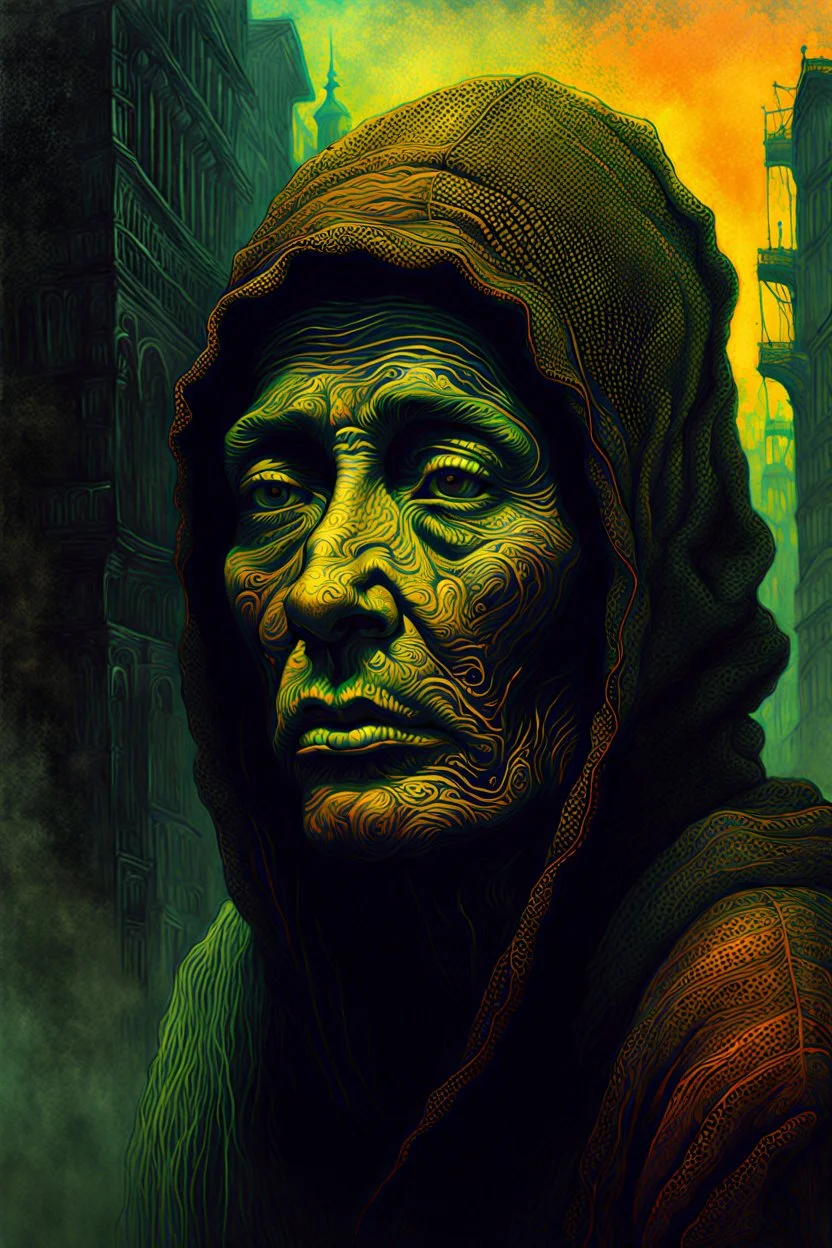 A surreal homeless female wander with highly detailed facial features in the style of Zdzislaw Beksinski, dark luminous colors and otherworldly aesthetic.