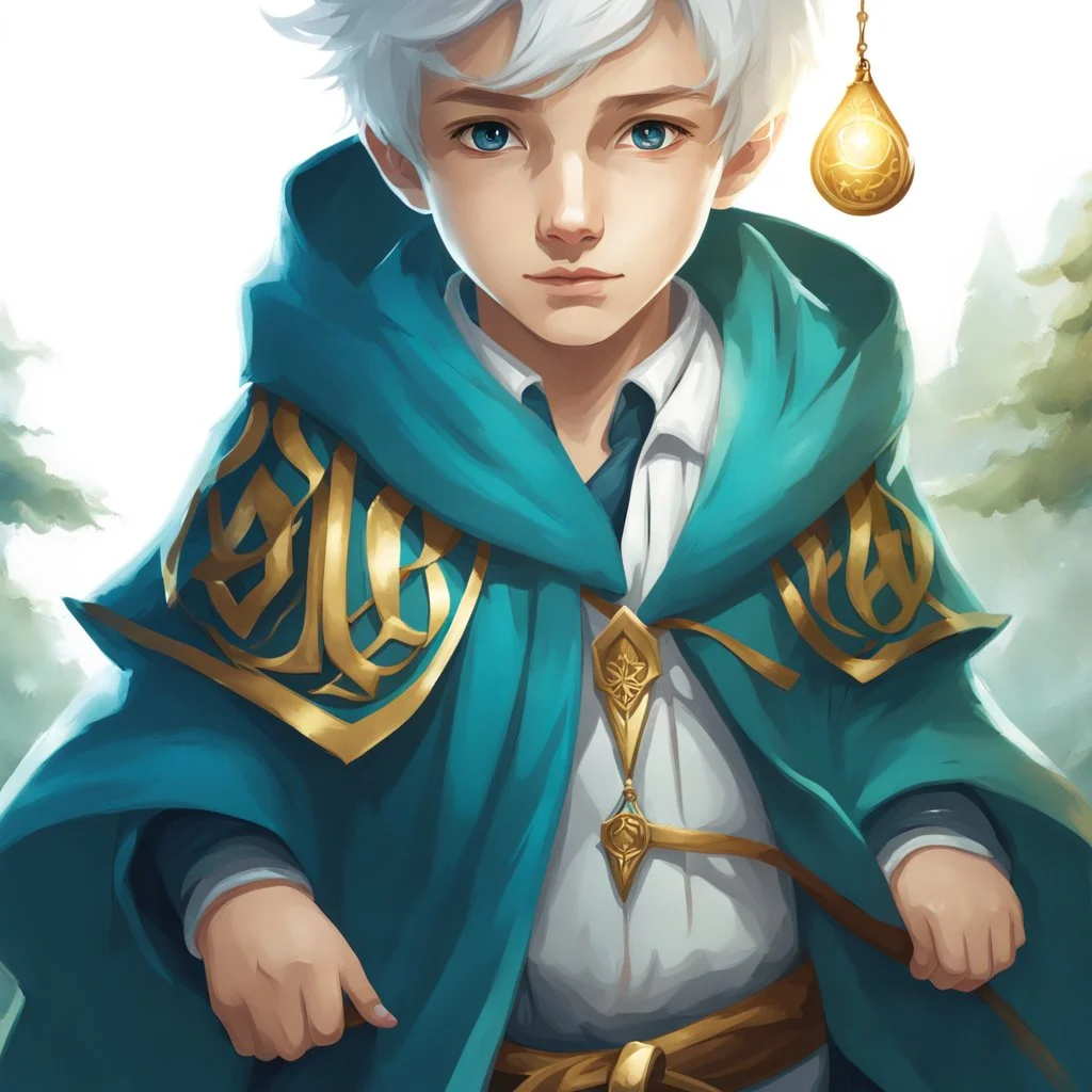 Fantasy World, A boy only wearing a wizards robe, and wearing a wizards hat. White Hair. Golden Eyes