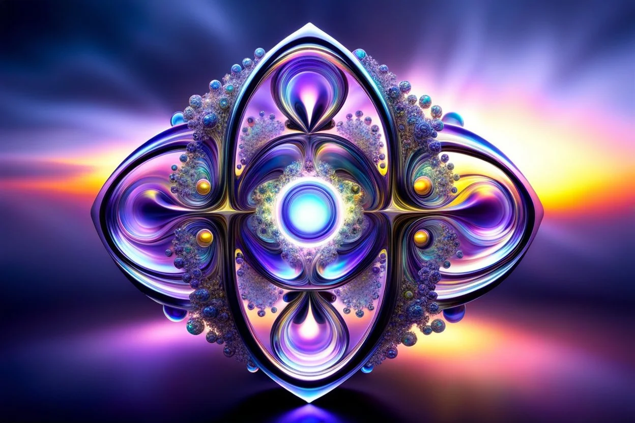 Dynamic complex hypnotic fractal 3D with horizontal Symmetry structures twisting and morphing between organic and geometric forms, smooth translucent iridescent glass with inner glow and bubbles, varied transparent materials, stormy skies, intense dramatic