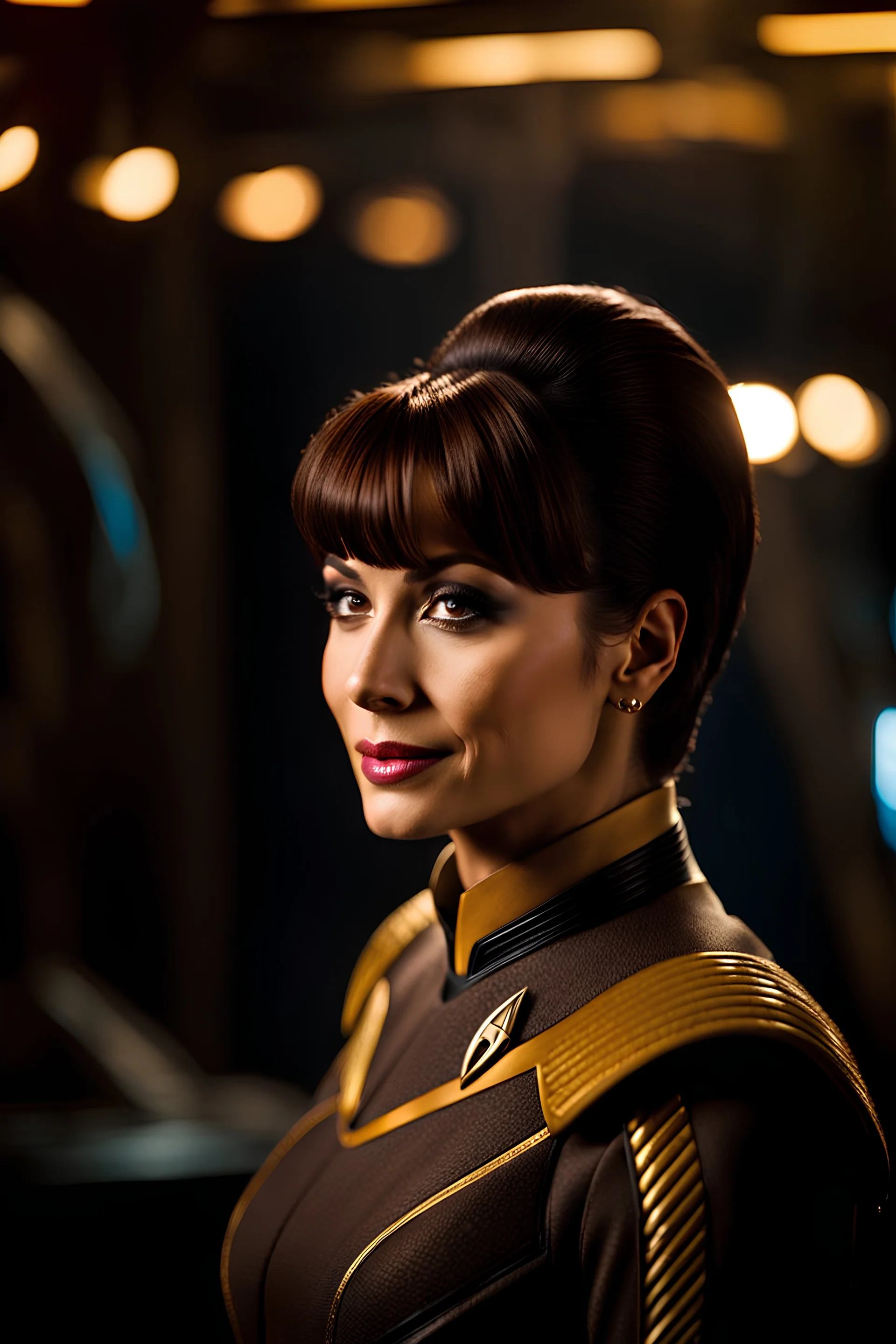 Medium shot portrait fascinating beautiful actress Tamar Kaprelian, short dark brown hairstyle irredscent light brown color, wearing corn color pilot costume of Star Trek Voyager tv series, 64 megapixels, bokeh, dynamic lighting, sophisticed mood, intricate expressions and feelings, filmic, superb shot, sci-fi scene, realistic photography