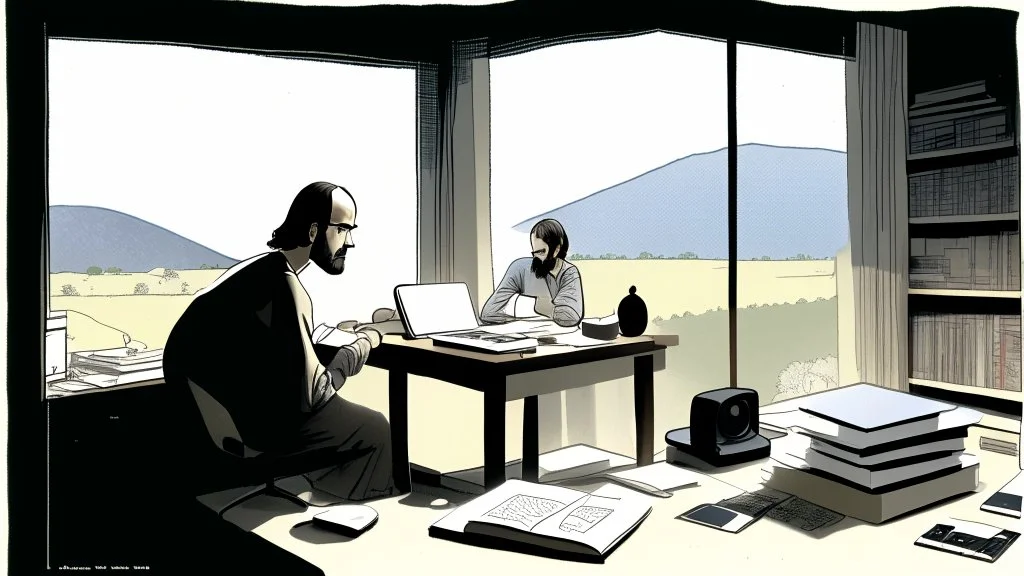 الصورة تعرض ستيف جوبز وهو جالس في مكتبه الخاص، وراءه نافذة تطل على مناظر طبيعية هادئة. يظهر جوبز وهو يرتدي ثوبًا بسيطًا ويتلقى مكالمة هاتفية بينما يعمل على جهاز كمبيوتر محمول. يتسم وجهه بتعابير التفكير العميق والابتسامة الخفيفة، مما يشير إلى تركيزه الشديد وتفكيره الابتكاري. على مكتبه، يمكن رؤية مجموعة من المخططات والنماذج المصغرة لأجهزة تكنولوجية، مما يظهر اهتمامه بالتفاصيل والتصميم المميز. كما يمكن أن نلاحظ تواجد كتب وأدوات كتابة، مما يشير إلى تطلعه المستمر للمعرفة والابتكار. الإضاءة في الصور