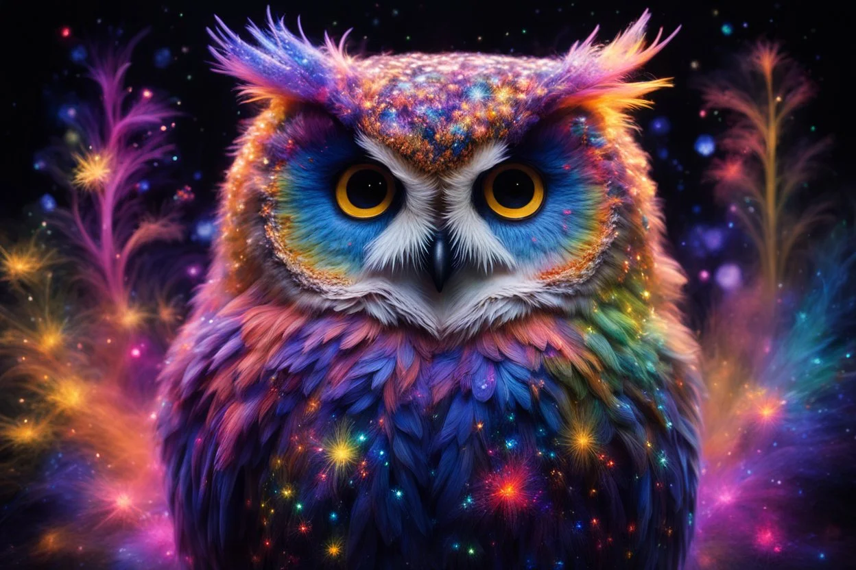 flowergarden, bodyscape double exposure owl portrait of a colorful intricated flowergarden, forest and colorful stars of sparks on the front of an insanely beautiful fluffy owl body with colorful fur of fluorescent light emitting fiber optics, standing in a dark place, playing with the fur, fluorescent pigment body painting style by John Poppleton and Bob Ross, diffused lighting, double exposure, blend, illusion, octane render, digital painting, extremely detailed, Award winning photography, 8k,