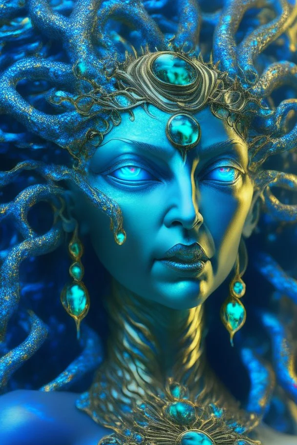 transparent olivine gemstone beauty queen Medusa, in blue fire chrome casino, high detail, 8k, cinematic, depth of field, art