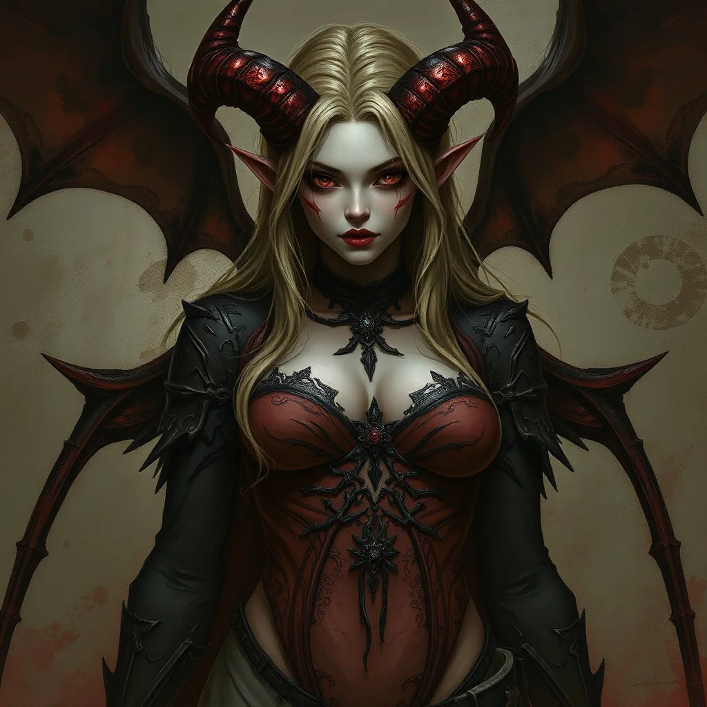 female demon, dark fantasy, realism, stylised, tiefling