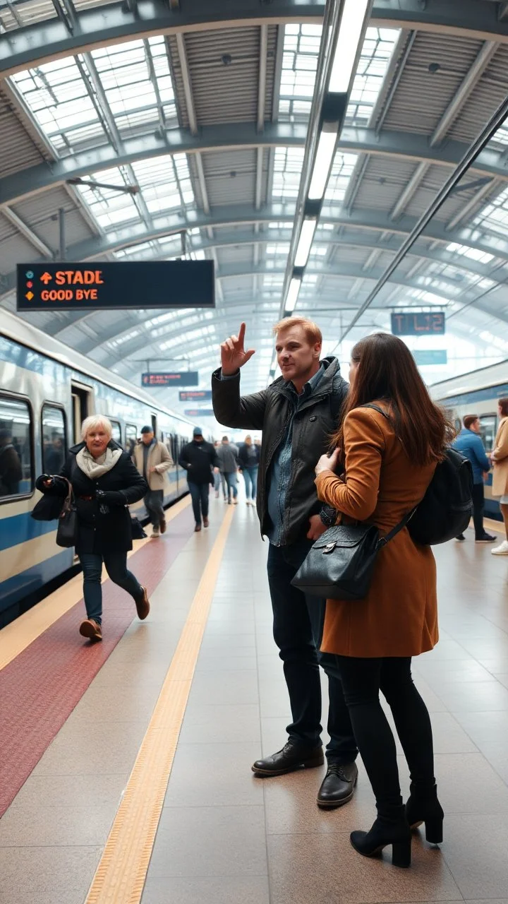 A man and a women in the train station saying good bye , people are rushing to the train