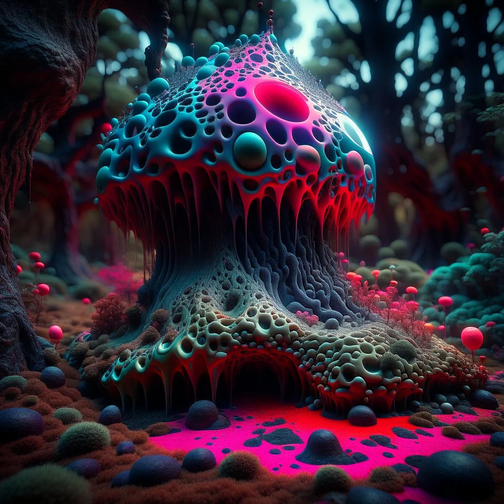 Irregular black spots, 8k, 3d render, Zdenek Burian, melting horror, tridimensional figures, intricate patterns, forest, sinister scribbles, colors, shot on Hasselblad, Yves Tanguy, tragicomic