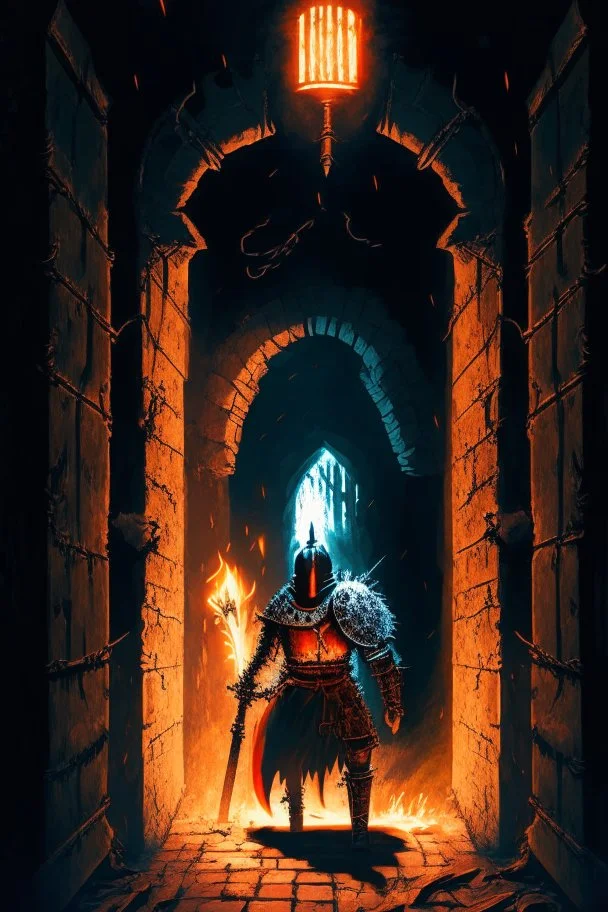 A frightening castle dungeon hallway with an evil knight warrior in rusty chainmail holding a burning torch painterly rpg art