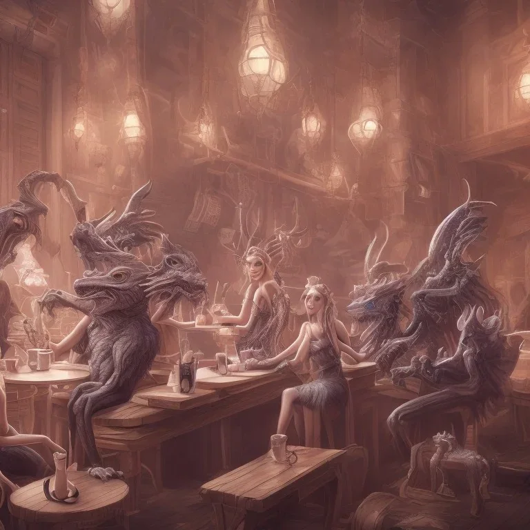 Mythical and legendary creatures sitting in a cafe drinking coffee, clear and complete body parts with accurate details, correct and complete body anatomy, complete and clear drawing parts, full HD drawing resolution, 4K, 8K, 16K,