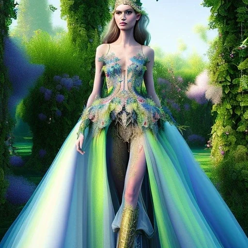 stunning couture gown designed by Marchesa inspired by fairies, realistic epic fantasy colors, detailed, high quality, intricate, fantasyland background,