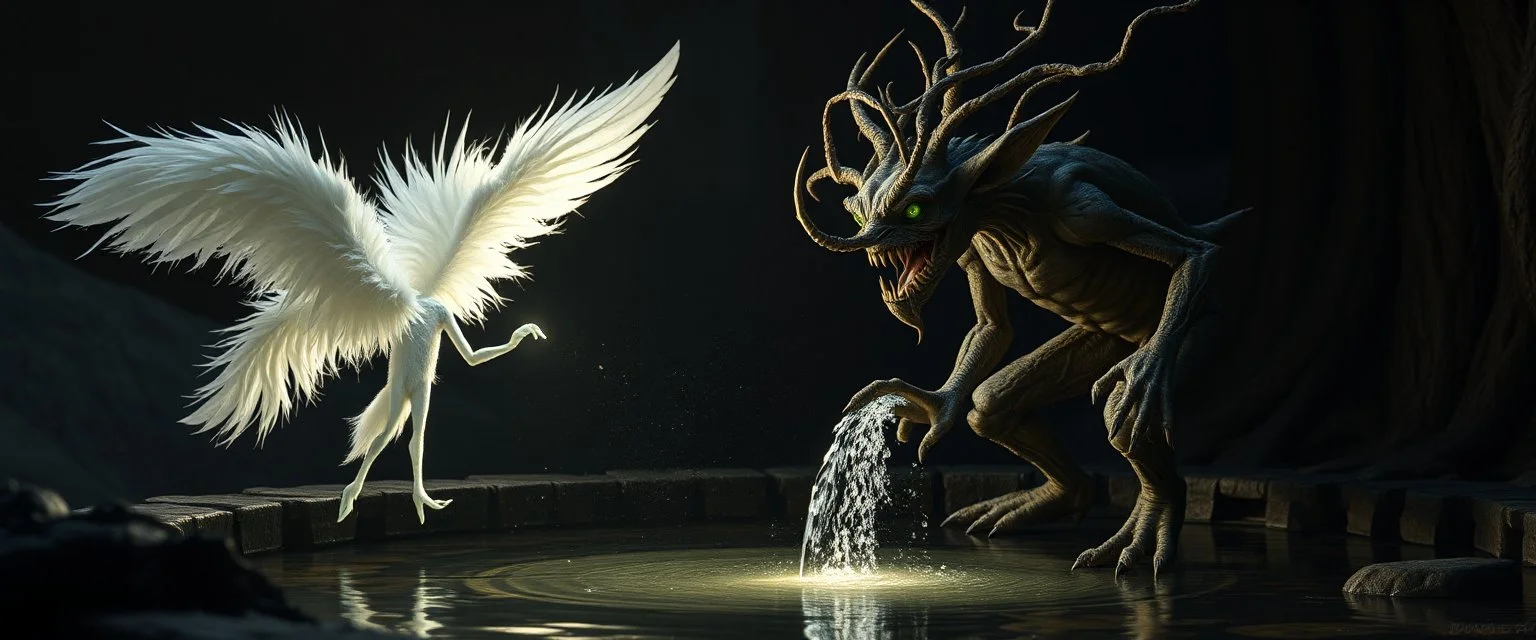 white feather light mirror bounce ancient angelic gremlin wooden treant monster Robot by dark fountain