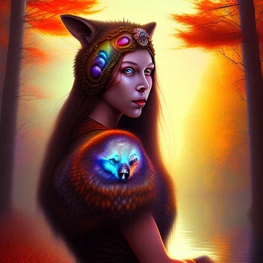 spray painted fantasy art, book illustration,portrait of wolf priestess by a dam ,autumn water, colorful, evening