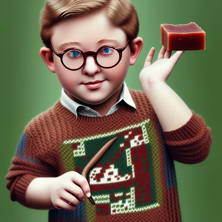 peter billingsley chubby kid with spectacles, gripping a single ((Dark red))soap bar, ((brown))argyle sweater