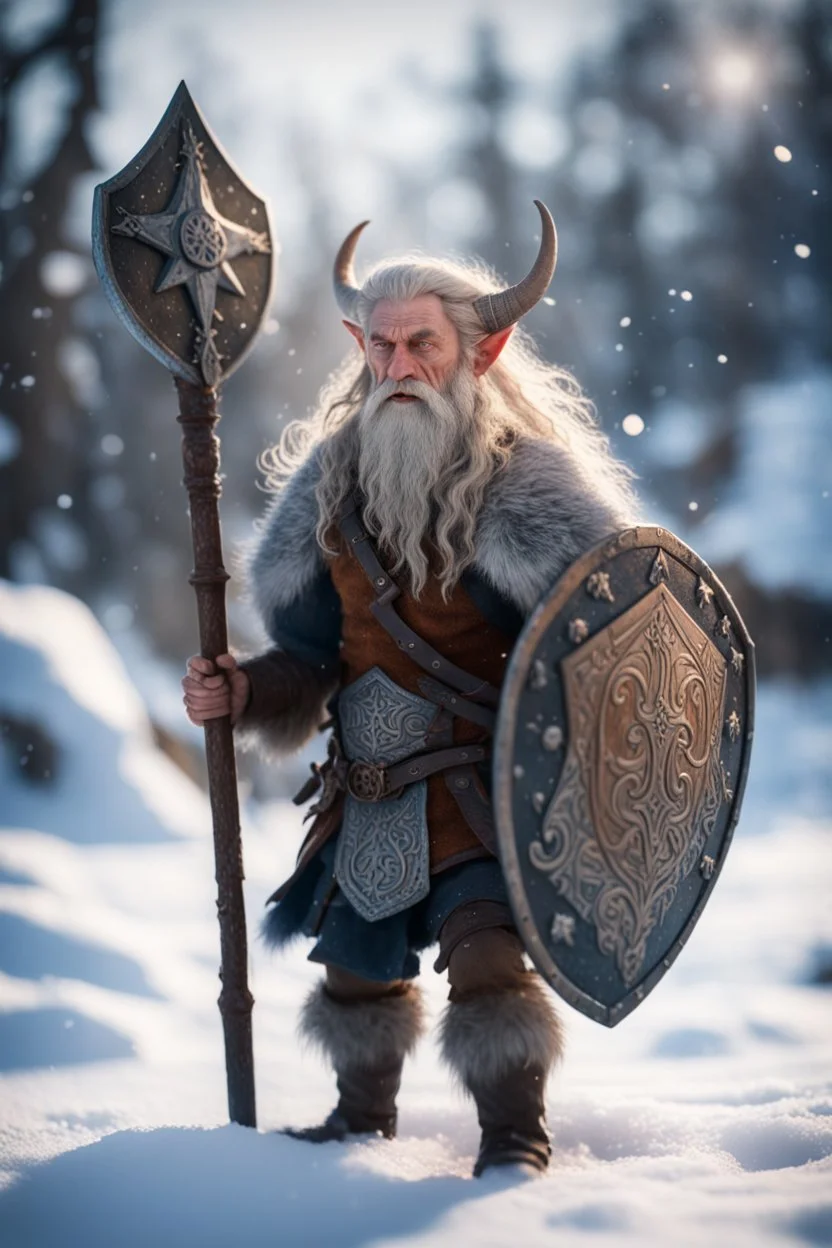 knee deep in snow, epic hero elven gremlin viking with wild hair, short ears, and big holy ornamented shield Under stjerners gnist Vi går som ett, vår tro et løfte ,bokeh like f/0.8, tilt-shift lens 8k, high detail, smooth render, down-light, unreal engine, prize winning