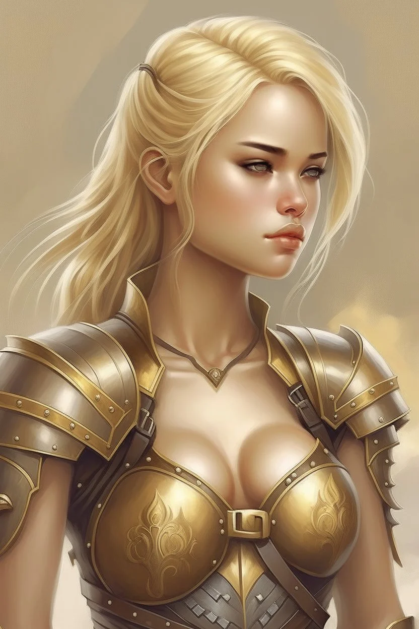 pretty girl, blonde, conventionally attractive, leather armour, realism, dreamy, tight top, maternal