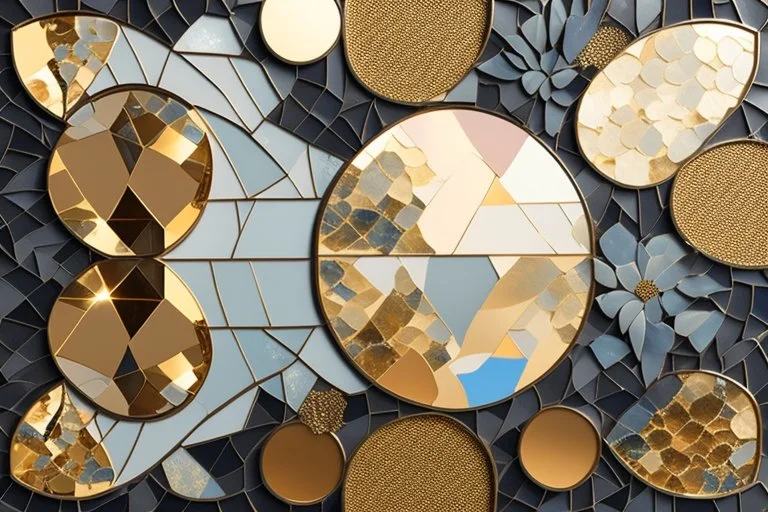 pool mosaic, 3D mirror pieces, beautiful composition, holographic marble pieces, brunette female, dessert shop, flowers, ethereal in sunshine, shading pastel and charcoal golden and ochre, golden glitter, , golden patina, corrosion