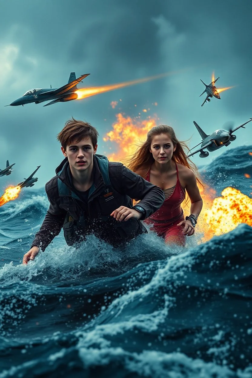 18-year-old Scott Kendall and 15-year-old Judi Ott emerging from a tumultuous sea amidst a stormy backdrop, locked in combat with agile fighter jets, amidst a conflagration of fire and explosive effects, ambient lighting, professional composition, infused with a mix of elegance and futuristic aesthetics, ultra-realistic, mystical undertones, sharp focus capturing every water droplet and flame, rational placement of subjects within a cinematic frame, epic atmosphere,