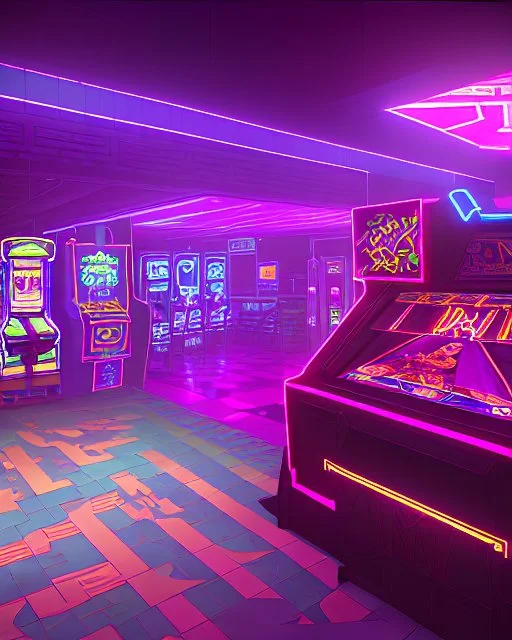 A dark photo of the corners of an 80's aesthetics arcade at night, with a lot of functioning arcade machines, a vaporwave floor and some colorful tiles in between the floor. Purple aesthetics. There are some pizza boxes over some of the arcade machines