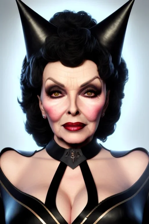 Joan Collins as evil queen in black leather, leather, busty, cleavage, angry, stern look. character design by cory loftis, fenghua zhong, ryohei hase, ismail inceoglu and ruan jia. unreal engine 5, artistic lighting, highly detailed, photorealistic, fantasy