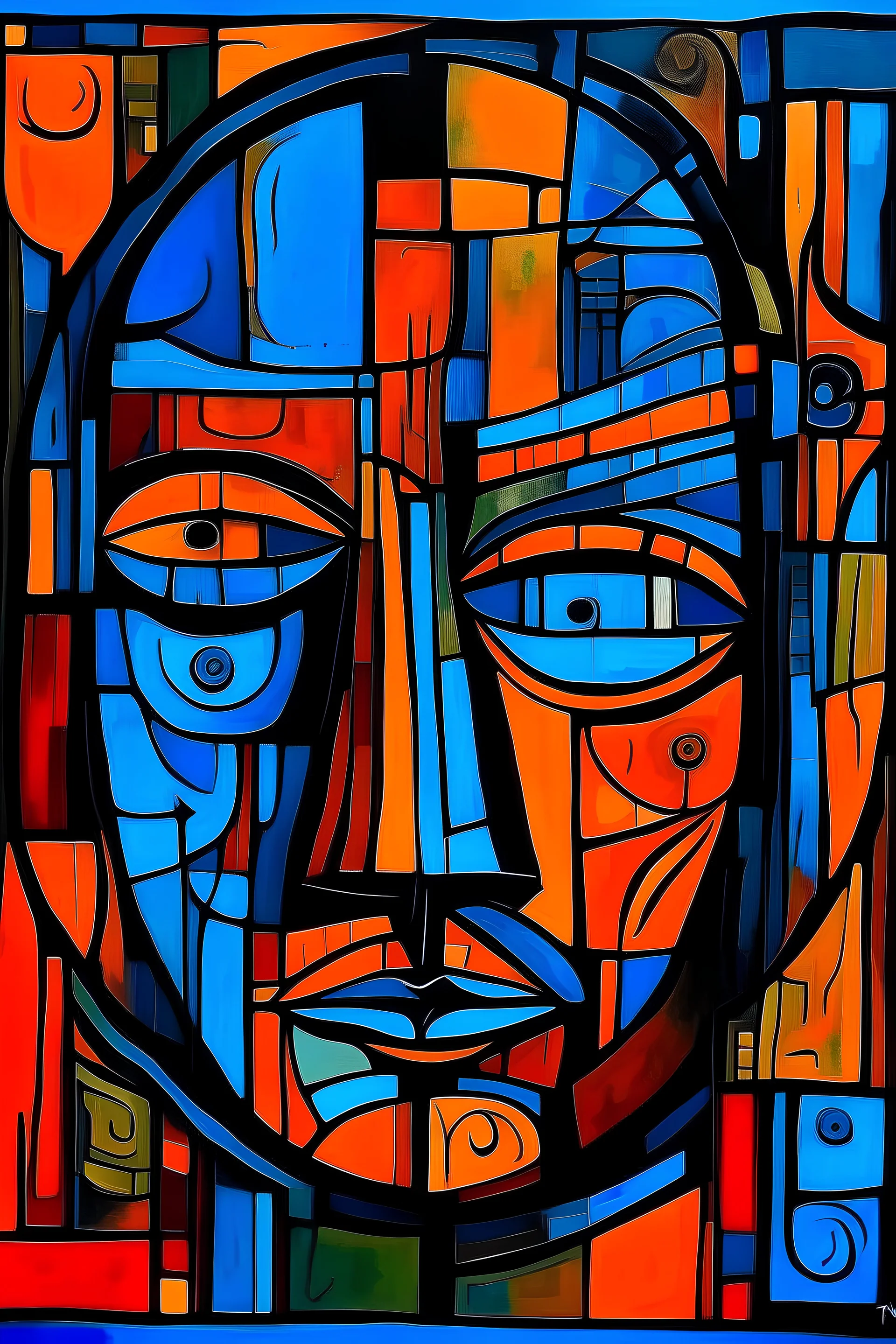 The scary man who sold the world (surrealism, abstract, cubism,)(black blue and orange colors)