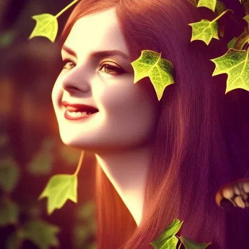 sourceress girl, beautiful, cute, intricate ivy, mushrooms in the hairs, misterious smile, like an elf, spotlight, sun rays, high definition, cinematic, rendering